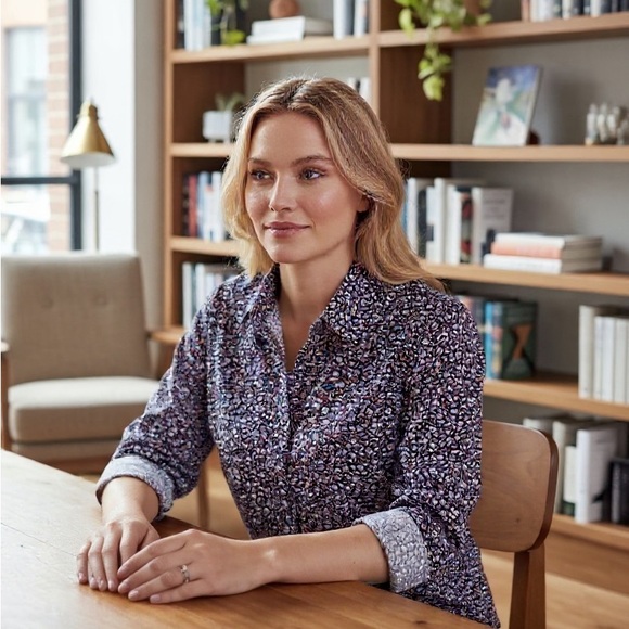 Talbots Tops - Floral Navy Button-Up Blouse